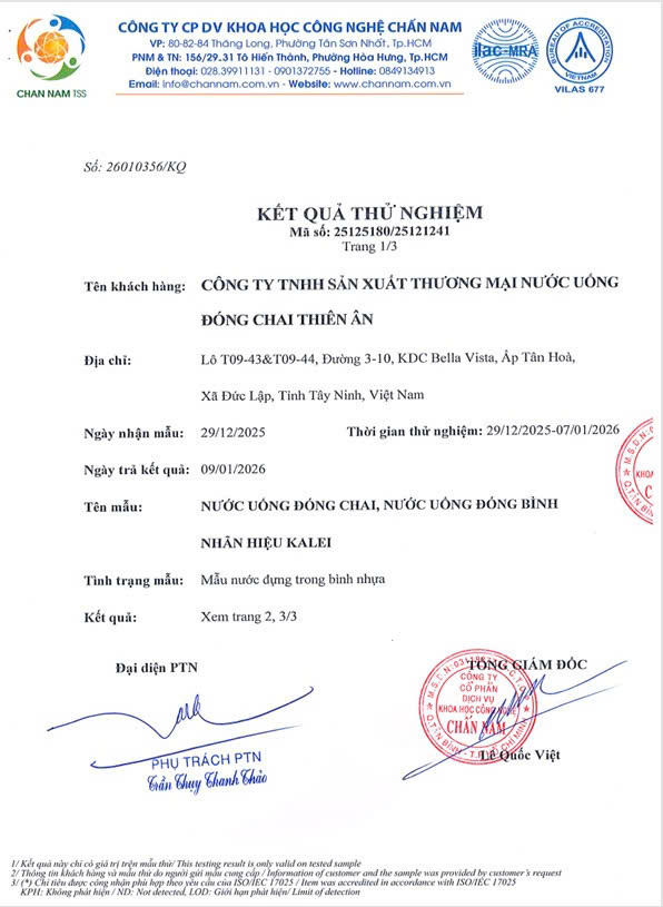 Kết quả kiểm nghiệm nước bình Kalei